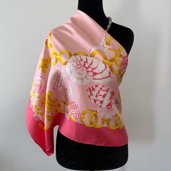 Authentic Celine Pink & Gold Seashell Silk Scarf - Picture 10 of 12